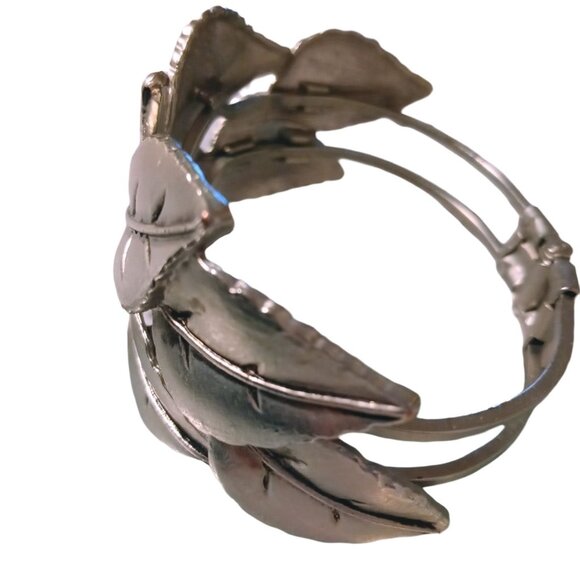 Boho Chic Silver Tone Leaf Motif Bangle Bracelet Wide Nature Inspo Timeless - Picture 3 of 5